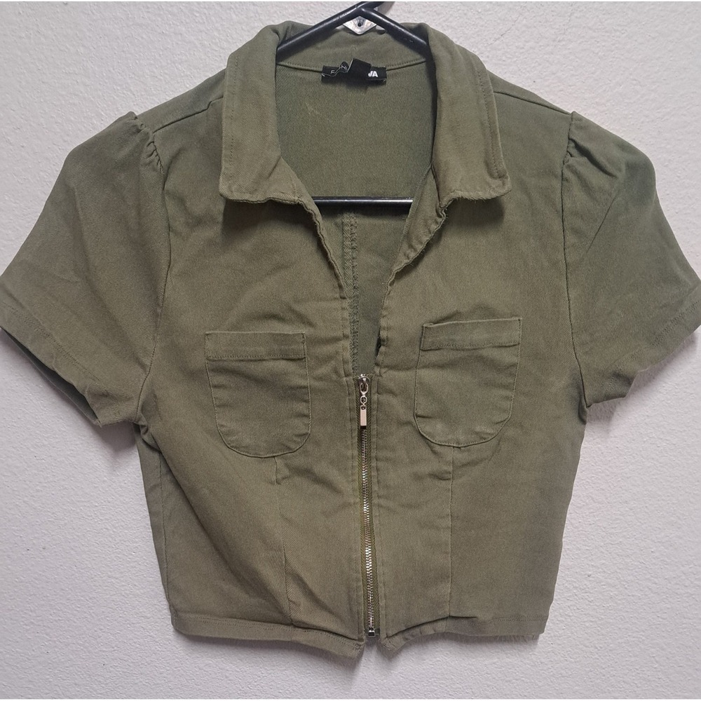 Fashion Nova Olive Green Zip Front Crop Top Shirt Womens Medium Utility